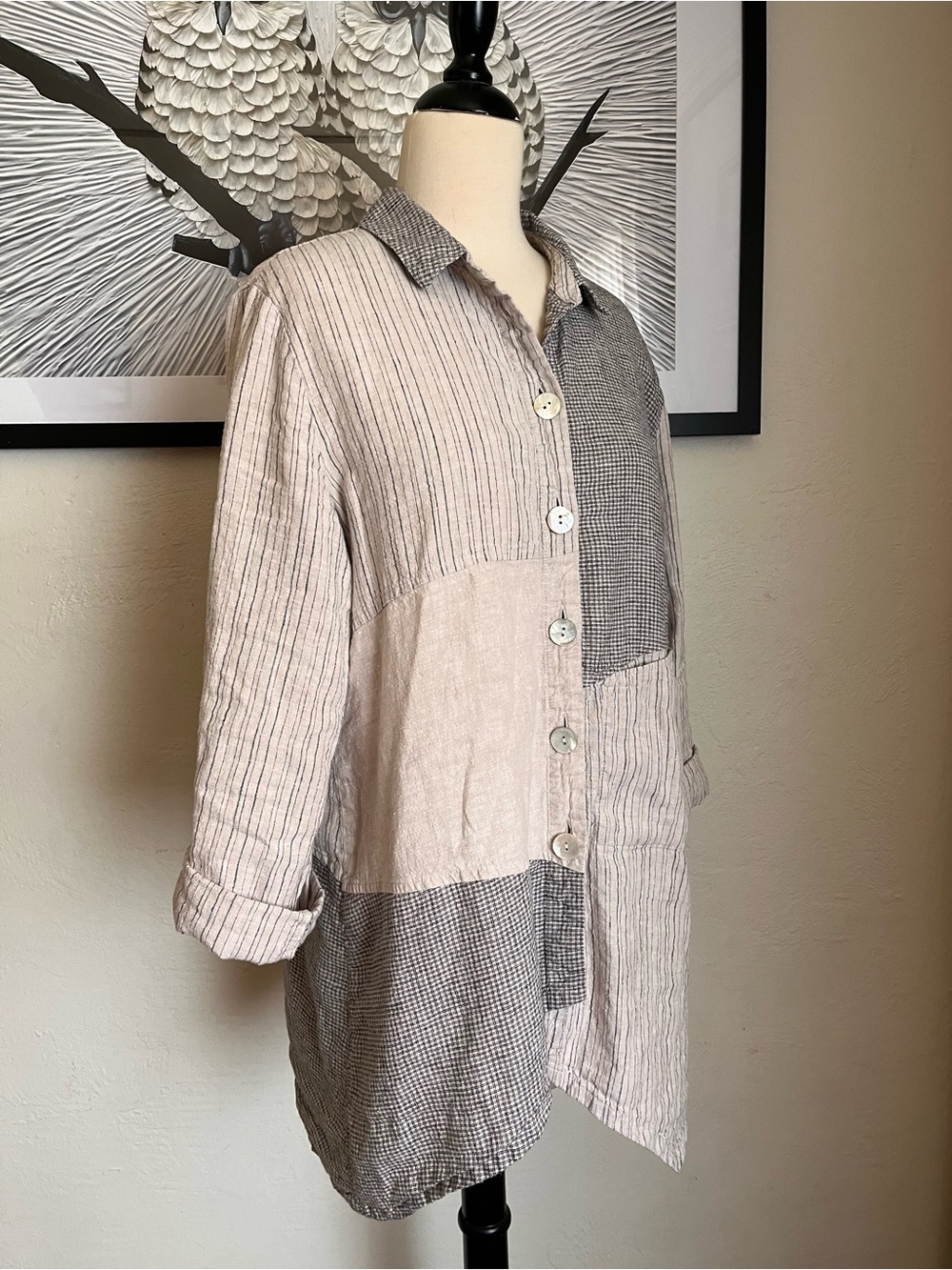Habitat Cotton/Linen Blend Asymmetrical Patchwork Button-Down Shirt - Picture 3 of 10